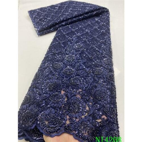 African French Tulle Mesh Lace Fabric Navy Blue Beaded Lace Fabrics Luxury Handmade Beads Lace Fabric for Wedding NI4208