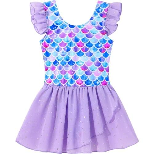 Kids Child Shiny Sequins Ruffle Sleeveless Fish Scales Print Princess Dress Girls Ballet Dance Gymnastics Leotard Tutu Dress