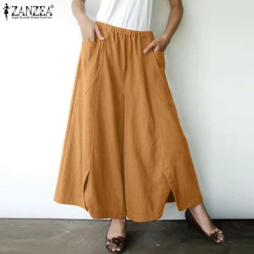ZANZEA 2021 Elegant Spring Pants Womens Wide Leg Trousers Elastic Waist Long Pantalon Palazzo Asymmetrical Turnip Plus Size