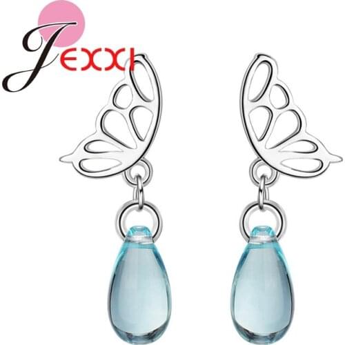 Clear Blue Water Drop Crystal Butterfly Wing Elegant Women Earrings Party Memory Day Vintage Wife Femal Couple Gifts