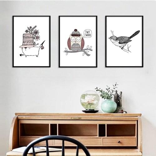 Cute Owl Cat Black and White Wall Animal Canvas Painting Decorative Hanging Painting Cuadros Decoracion Salon Minimalist Art