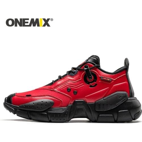 ONEMIX Men Sneakers Technology Style Leather Damping Comfortable Man Red Sport Running Shoes for Women Platform Retro Dad Shoes