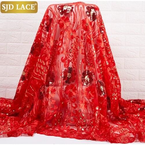 SJD LACE Heavy Sequins Design French Tulle Lace Fabric Embroidery Red African Milk Silk Lace Fabric For Wedding Party DressA2427