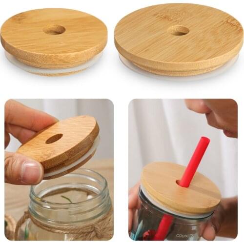Reusable Storage Bottles Silicone Seal Ring Covers Caps With Straw Hole Bamboo Wood Lids Mason Jar Lid Wide Mouth Cup