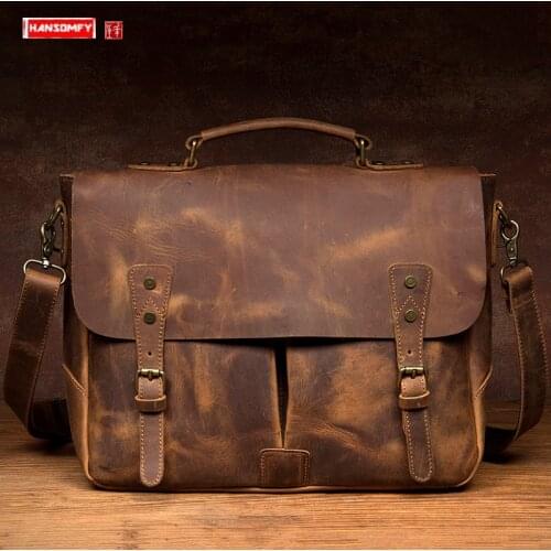 Retro Casual Leather Men Handbag Male Business Briefcase Crazy Horse Leather Cowhide Computer Bag Shoulder Messenger Bag Vintage