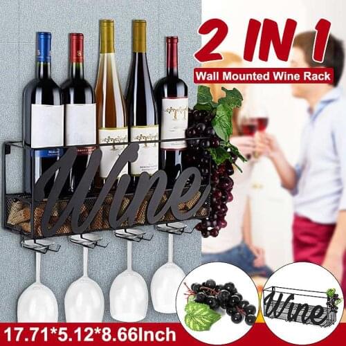 2 IN 1 Wall Mounted Wine Rack Home Bar Decor Wine Glass Hanging Holder Goblet Stemware Storage Organizer Rack With Cork Tray
