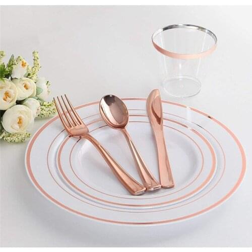 25pcs Disposable Plastic Forks Spoons Knifes Drink Cups Rose Gold Tableware set Wedding Party Home Decorations Christmas Gift
