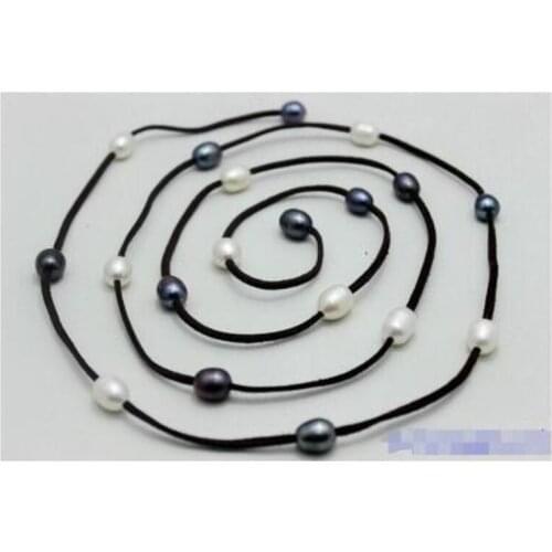 New Arriver Leather Pearl Jewelry Black Leather Natural white & black Freshwater Pearl Necklace 10x12mm 48 inches