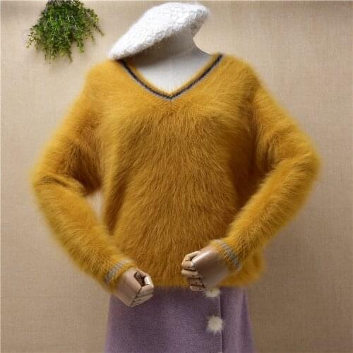 Ladies women fashion winter clothing mink cashmere knitted v-neck loose pullover angora fur jumper sweater pull tops jersey