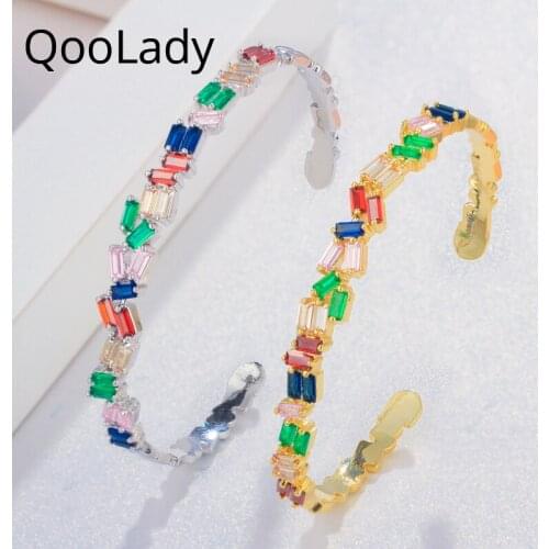 QooLady New Arrival Adjustable Size Gold Whitr Gold Open Cuff Multicolor CZ Crystal Bangle Bracelet Jewelry for Women Gift K018