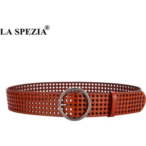 Red Ladies Belt for Dress Hollow Out Leather Wide Waist Belt Round Buckle Solid Red Brown Fashion Brand Women Belt