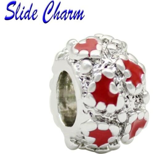 Romantic Valentine New beautiful DIY beads charm, beads embossed, with red enamel heart beads Fit Pandora bracelet necklace