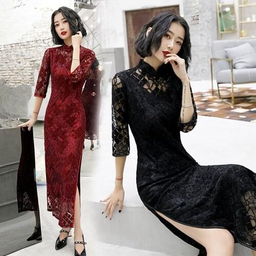Autumn And Winter New Style Web Celebrity Lace Cheongsam Dress The Republic Of China Wind Retro Improvement Fashion Long Dress