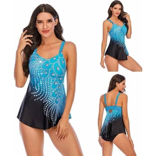 Tankini Swimsuit Dress Beachwear Print Feather Patchwork Swimwear Tanker Swimsuits Sexy Women Plus Size Padded Bathing Suit