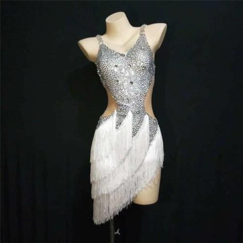 Y24 Ballroom Latin Dance Tassel Dresses Stage Perform Wears Bodysuit Perspective Mesh Skirt DJ Costume Party Clothes Diamonds DS