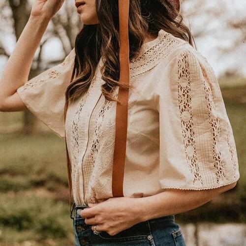 Embroidered Blouse Short Sleeve Openwork Lace Elegant Lace Patchwork Femme Hauts Rounded Neckline Tops Vintage Chic Blouses