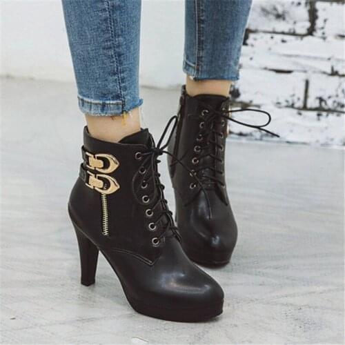 PXELENA Metal Decor Zip Lace Up Women Biker Motorcyle Military Boots Stiletto High Heels Office Lady Shoes Black Plus Size 34-43