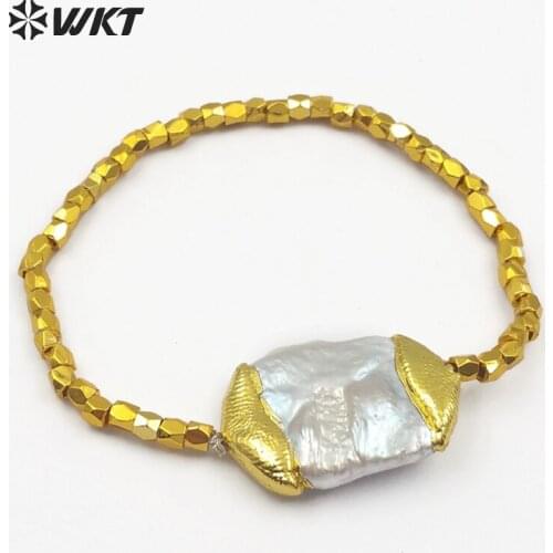 WT-B418 Wholesale Custom Beautyful baroque pearl Bracelet with Gold Electroplated Brass Beads for women Fashion Jewelry
