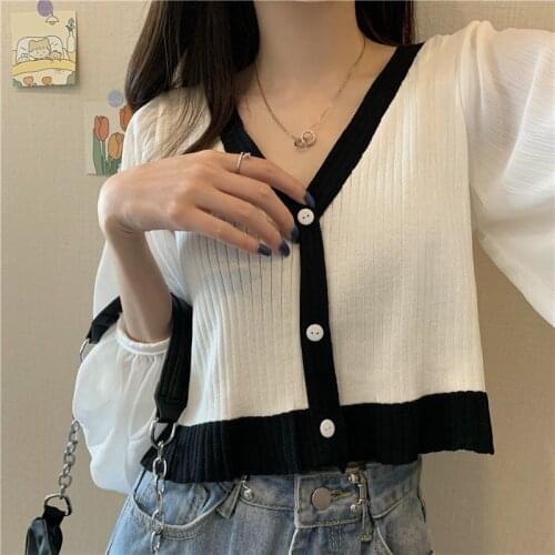 Womens Knitting Cardigan V Neck Puff Long Sleeve Chiffon Ice Silk Stitching Short Tops Wholesale Spring Fashion Lady Clothing