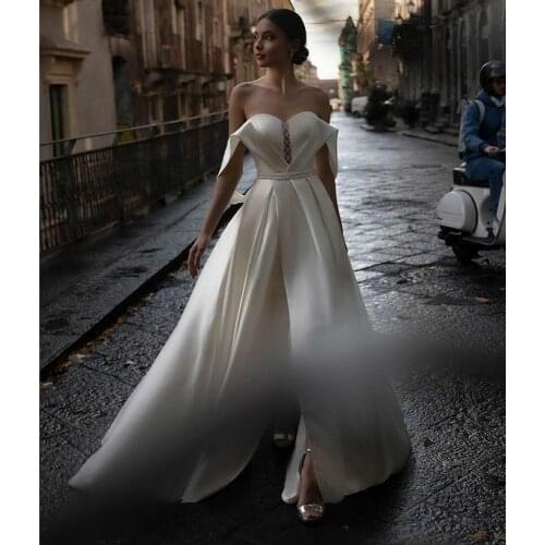 Long Off Shoulder Satin Wedding Dresses with Pockets Button Back Vestidos de Novia Abendkleid Bridal Gown for Women