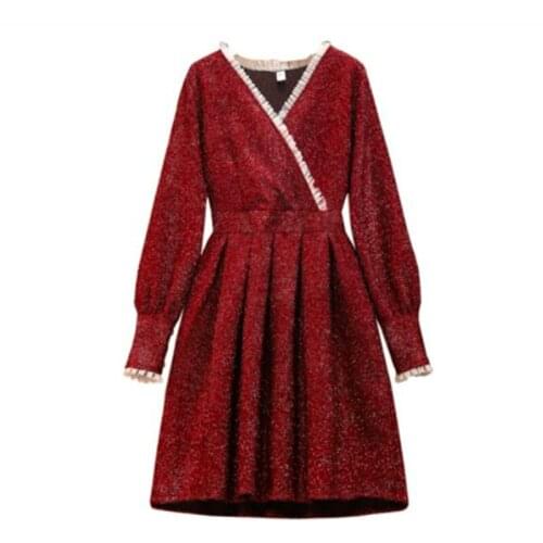 Large Size womens spring 2020 annual meeting small fragrance bright silk tweed long sleeve high waist pleated dress