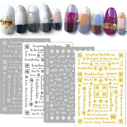 1 Sheet Japanese Ultrathin Amaily Letter Laser Nail Sticker Designs Gummed 3D Nail Art Stickers Decals Salon R175 Gold Silver