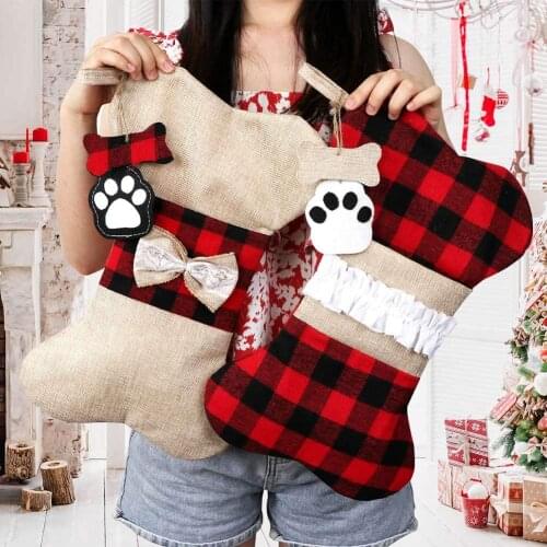 2pcs Pet Dog Christmas Stockings, Burlap Plaid Large Bone Shape Pets Stockings, Classic Hanging Stockings Christmas Decorations