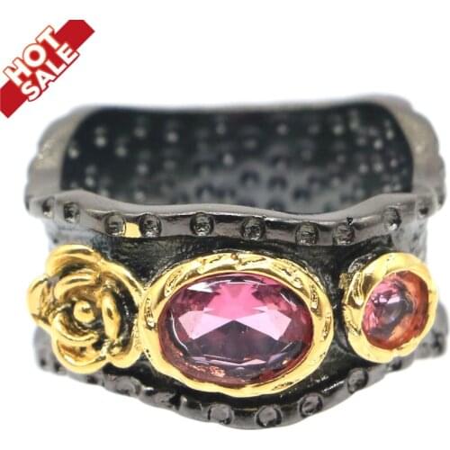23x12mm Sublime Antique Vintage Created Pink Tourmaline Gift For Ladies Black Gold Silver Rings