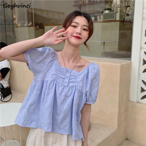 Blouses Women Loose Square Collar Summer Ladies Popular Solid Simple Vintage Casual Shirring Design Elegant All Match Cropped