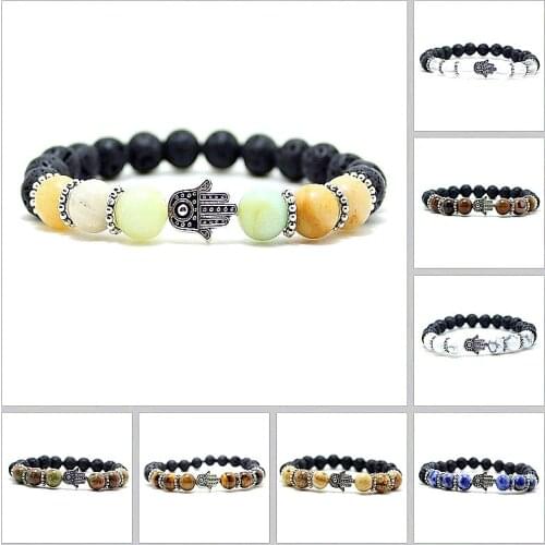 New design 8mm Black Lava stone Beads hamsa hand beads charm bracelet bangles Natural stone for men and women jewelry