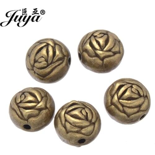JUYA 10pcs 10mm Alloy Hollow Beads Antique Bronze Rose Flower Charm Decoration Beads for Beadwork Beading Jewelry DIY Making