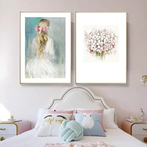 Nordic Canvas Painting White Fresh Flowers Pretty Girl Art Posters and Prints For Kids' Bedroom Decor Home Wall Picture Unframed