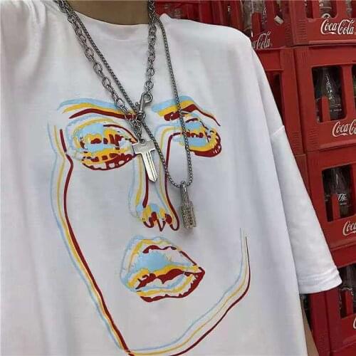 Hip Hop Abstract Face Print Graphic Tee Women Men High Street Orange Tshirt Short Sleeve Casual T-shirt Summer Woman Tshirts New