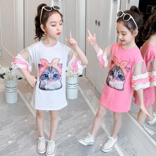 Summer Girls Long T shirt Baby Tee Dress Kids Fashion Streetwear Children Vestidos Sequin Cat Patch Mesh Puff Sleeve 3 to 13 yrs