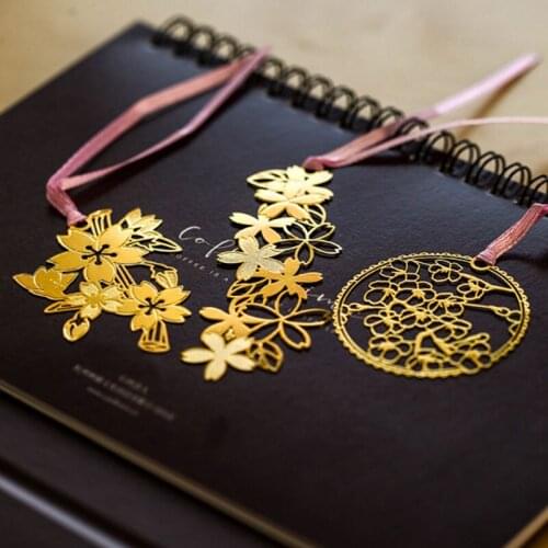 Sakura Series Chinese Style Hollow Bookmark Metal Small Mini Brass Bookmark Pink Ribbon Book Folder WXV Sale