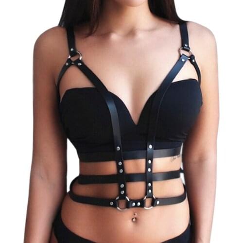 Fashion Punk Cupless Bra Top Leather Harness Belt Body Bondage Chest Straps Black Studded Rivet Cropped Top 5 Styles