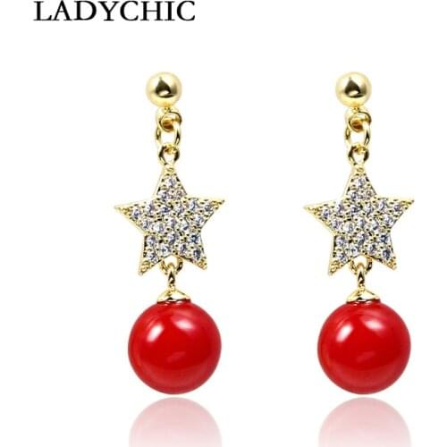 LADYCHIC Fashion Style Pentagram Zircon Drop Earrings Dainty Red & White Bead Imitation Pearl Silver Color Earrings Wholesale