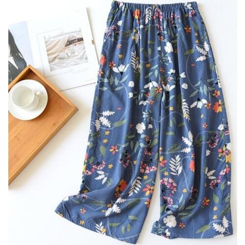 Trendy Floral Print Loose Cropped Pants Pajama Pants Soft Floral Print Straight Casual Trousers for Daily Life