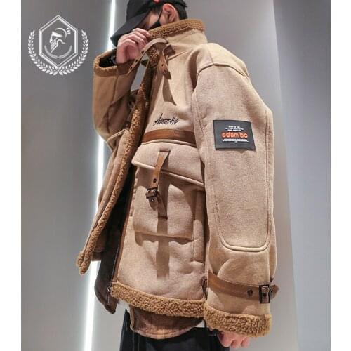 Men Fashion Loose Faux Fleece Heavyweight Wool Shearling Jacket Casual Patchwork Hip Hop Coat