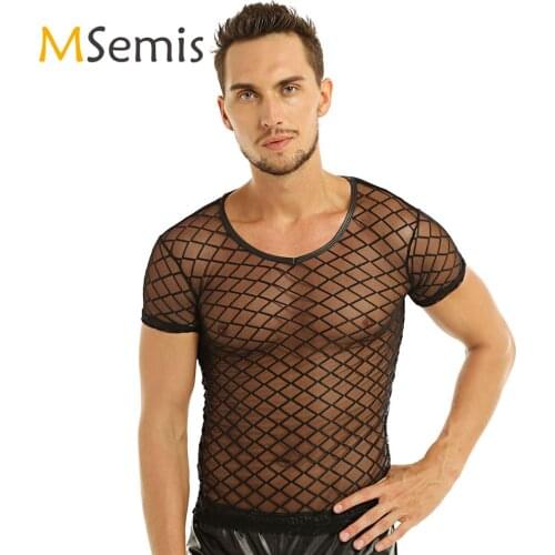 Mens Lingerie Fishnet T-shirt Top Faux Leather See-through Mesh Round Neckline Short Sleeve T-shirt Top Clubwear Undershirt