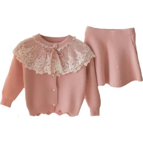 New 2020 Spring Little Girl Clothes Set Fashion Princess Costume Soild Lace Knitted Cardigan Coat+Tutu Skirt Party Clothing Sets