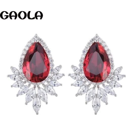 Luxury Jewelry Top Quality Big Waterdrop Red Crystal White Gold Color Africa Style Stud Earrings Engagement for Woman GLE3970