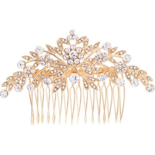 Gold Tone Rhinestone Crystals Leaves Wedding Bridal Hair Side Comb Hairpins Women Hair Accessories Jewelry GT4395GOL