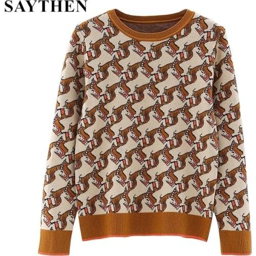 SAYTHEN Geometric Unicorn Knitted Sweater Women Vintage Warm Loose O-Neck Pullover Ladies Autumn Winter Casual Knitwear Tops