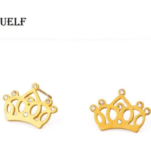 Uelf 1Pair Women Crystal Small Stud Earrings Girl Child n Crown Earring Stainless Steel Jewelry