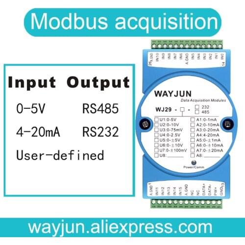 WAYJUN WJ29 16 channels 4-20 mA analog signal to RS-485/232,0-5V to RS232, data acquisition A/D conversion module
