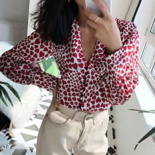 2021 Women Long Sleeve Blouse Crop Top Heart Print Vintage Button Down Shirt for Women V Neck Korean Woman Blouses Spring Autumn