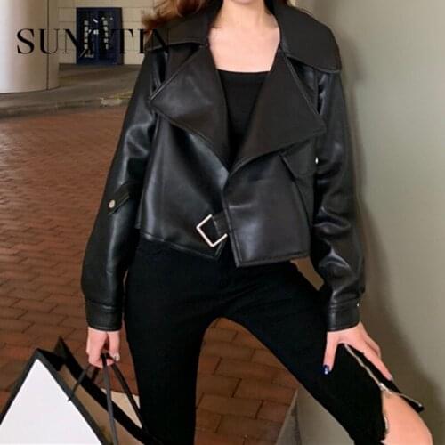 Sungtin Faux Leather Jacket Women 2021 Oversized Fashion Motorcycles PU Leather Jackets Vintage Belt High Street Punk Clothings