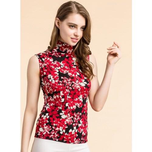 30% Silk+70% Wool Sleeveless Turtleneck Shirt Sleeve Head Stamp Female Knitted T-shirt Silk