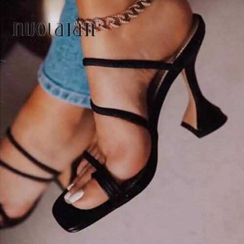 2021 New Summer Women Sandals Square Toe Ladies Heel Mules Sexy High Heels Sandal Slippers Female Fashion Woman Shoes 10.5CM